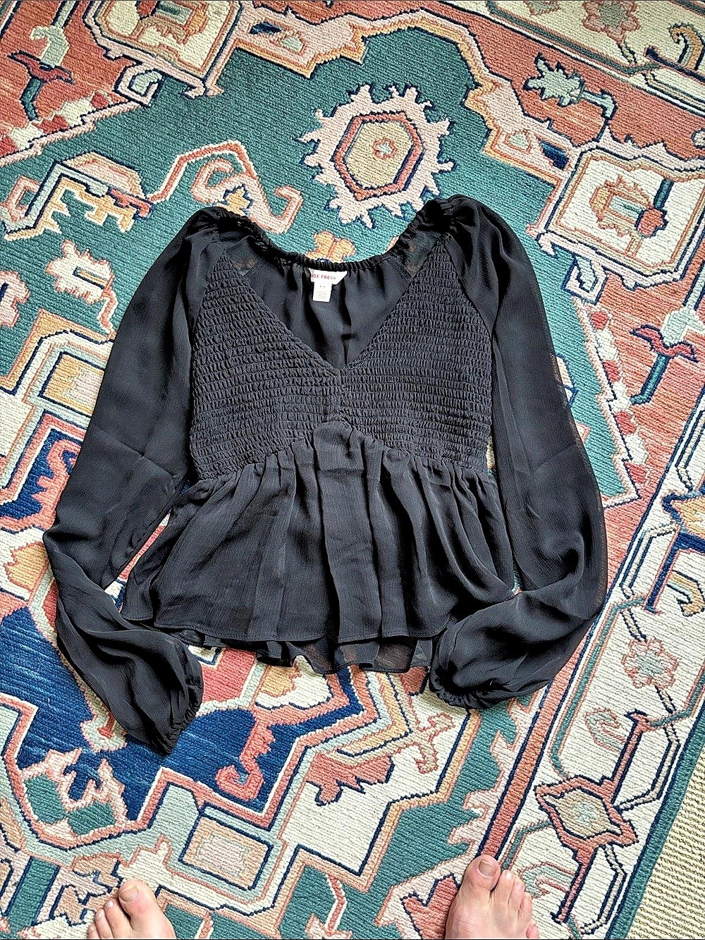 V-neck Smocked Peplum Blouse, Sz S